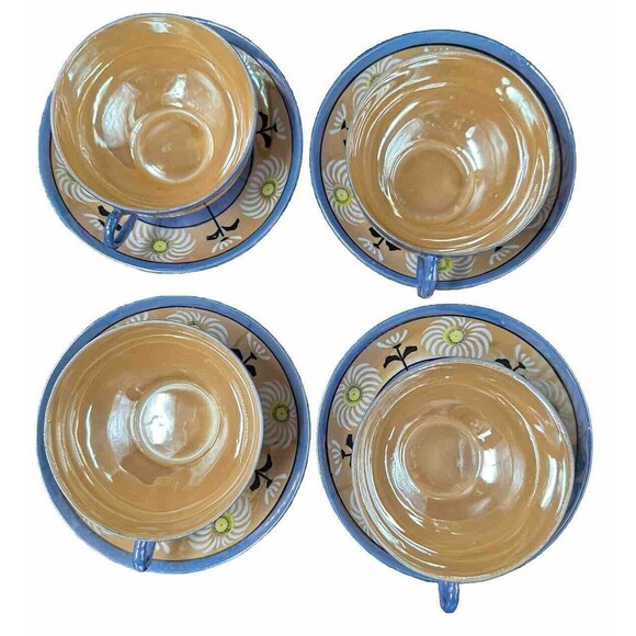Vintage Japanese Lusterware 4 Teacups and 6 Saucers Set Iridescent Hand Painted - Picture 14 of 16